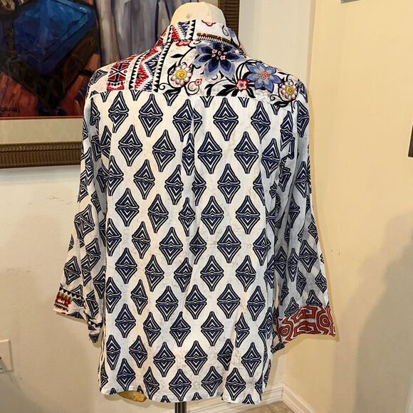 Orientique Naturally Australian Geometric Contrast Patterned Button-Up Shirt MED - Picture 12 of 14